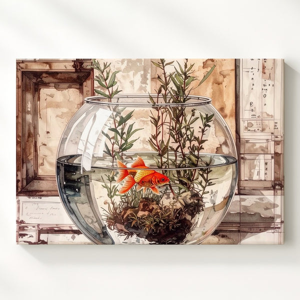 Goldfish in Glass Bowl Canvas – Watercolor Still-Life with Aquatic Charm - Gifitto