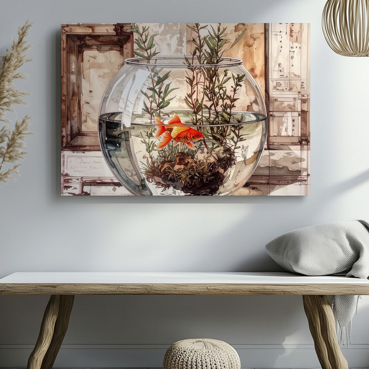 Goldfish in Glass Bowl Canvas – Watercolor Still-Life with Aquatic Charm - Gifitto