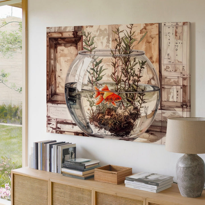 Goldfish in Glass Bowl Canvas – Watercolor Still-Life with Aquatic Charm - Gifitto