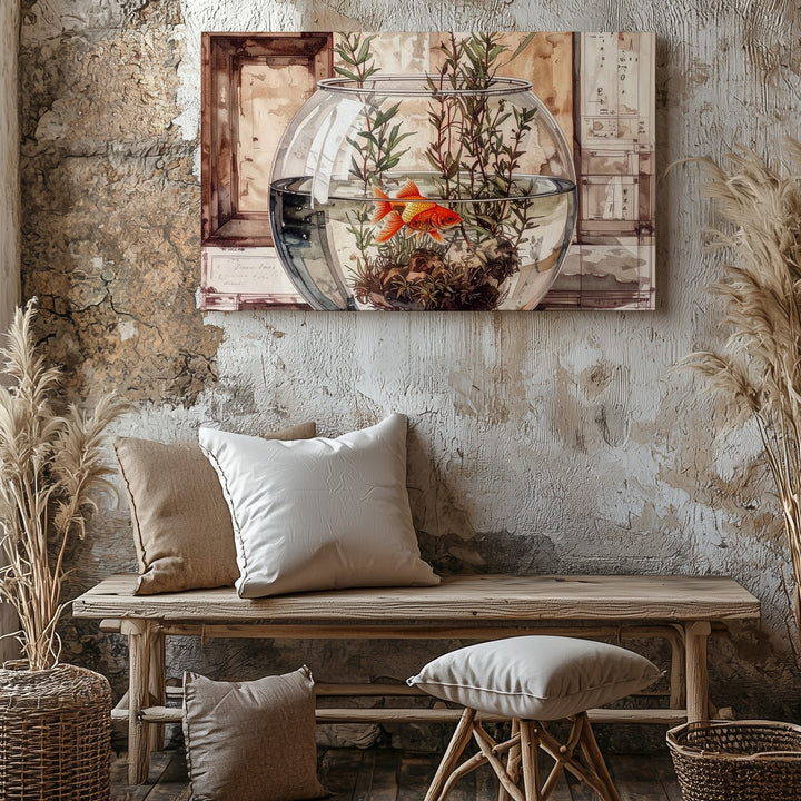 Goldfish in Glass Bowl Canvas – Watercolor Still-Life with Aquatic Charm - Gifitto