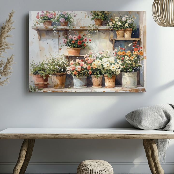 Rustic Flower Stand Canvas – Cozy Countryside Floral Art - Gifitto