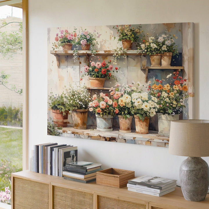 Rustic Flower Stand Canvas – Cozy Countryside Floral Art - Gifitto
