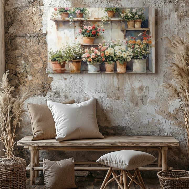 Rustic Flower Stand Canvas – Cozy Countryside Floral Art - Gifitto