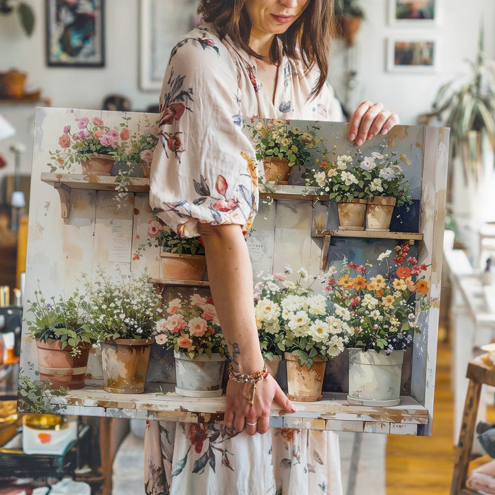 Rustic Flower Stand Canvas – Cozy Countryside Floral Art - Gifitto