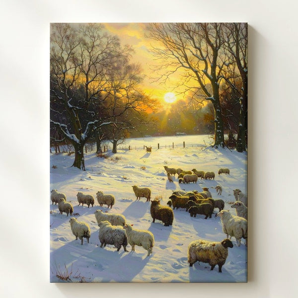 Pastoral Winter Sheep Canvas – Sunset Meadow Scene with Grazing Flock