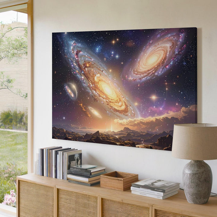 Stephan’s Quintet Canvas – Interacting Galaxies in Blush, Gold & White - Gifitto