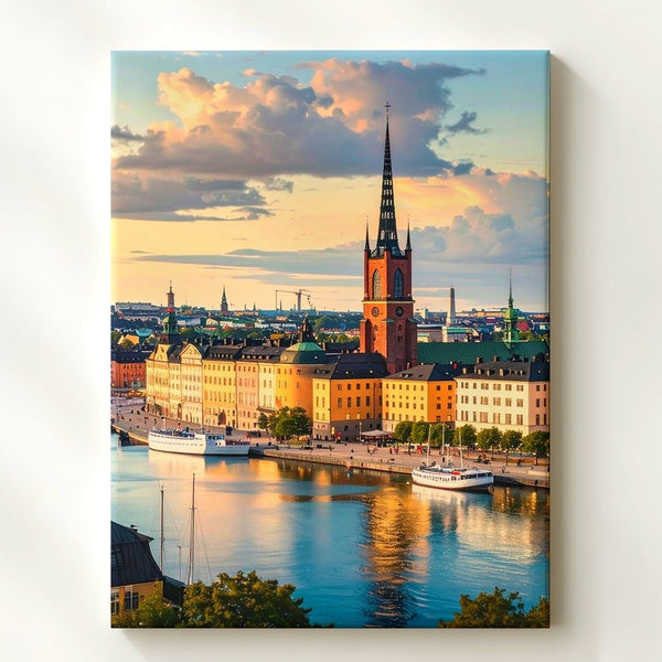 Stockholm Waterfront Canvas – Warm European Cityscape with Historic Buildings and Spire