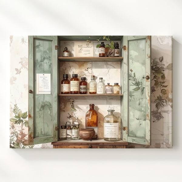 Vintage Apothecary Cabinet Canvas – Rustic Herbalist Interior Art - Gifitto