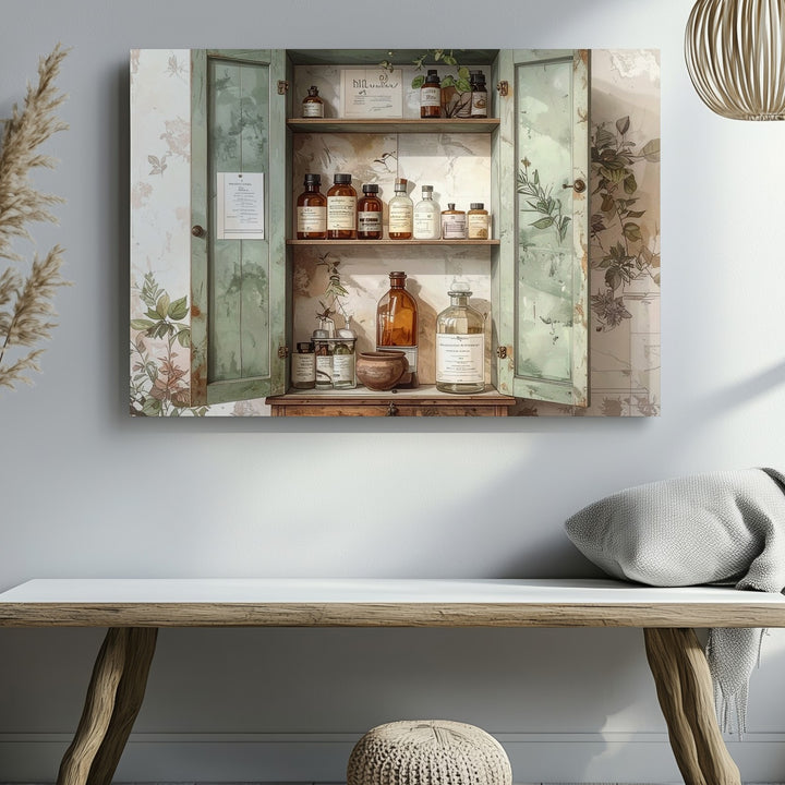 Vintage Apothecary Cabinet Canvas – Rustic Herbalist Interior Art - Gifitto