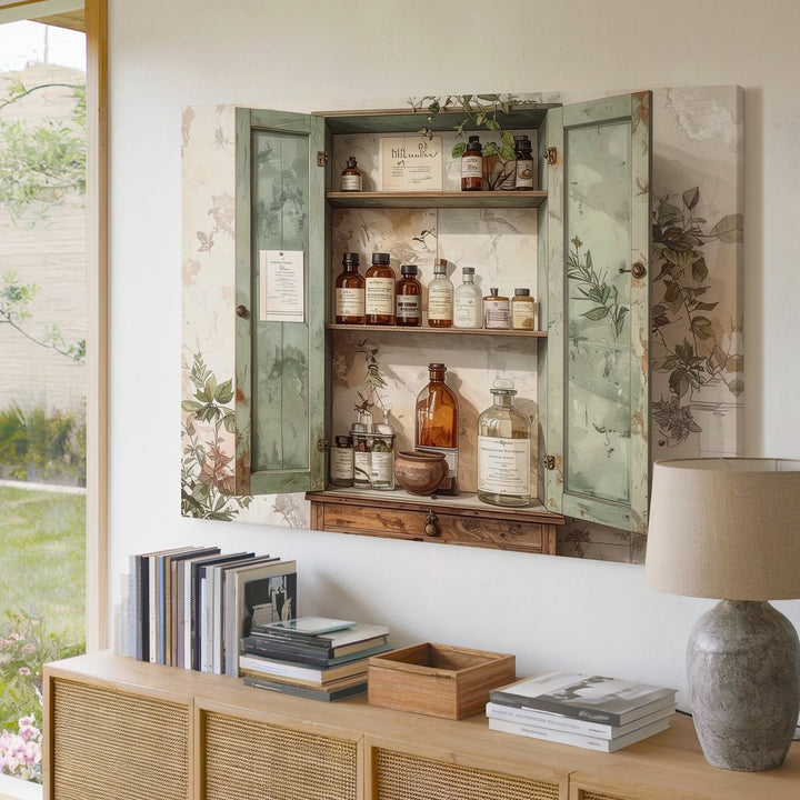 Vintage Apothecary Cabinet Canvas – Rustic Herbalist Interior Art - Gifitto