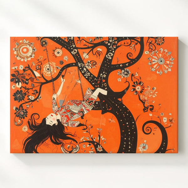 Whimsical Swing Girl Canvas – Folk Art Style Joyful Tree Illustration - Gifitto