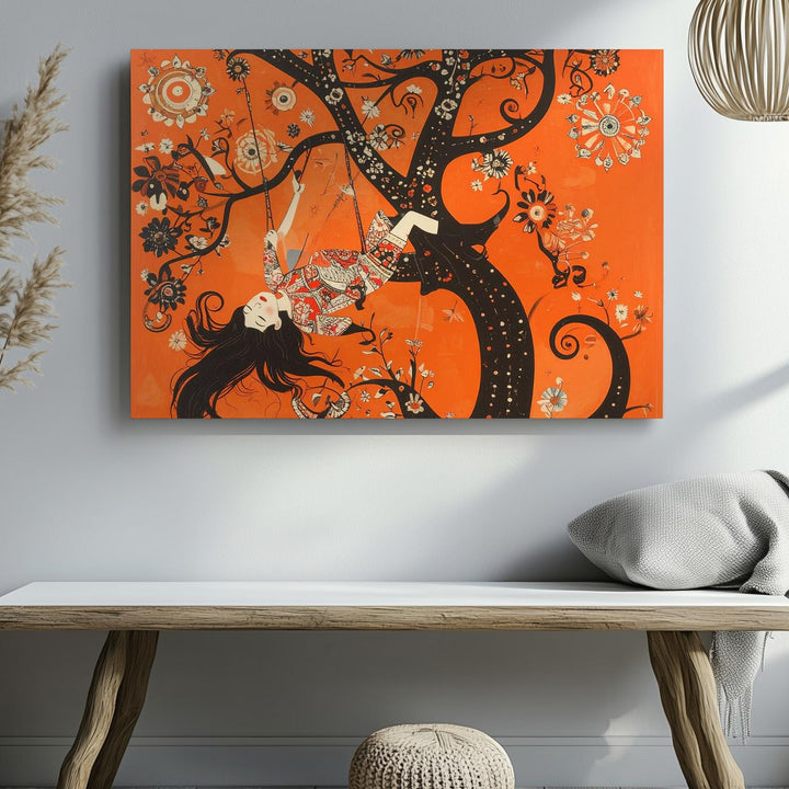 Whimsical Swing Girl Canvas – Folk Art Style Joyful Tree Illustration - Gifitto