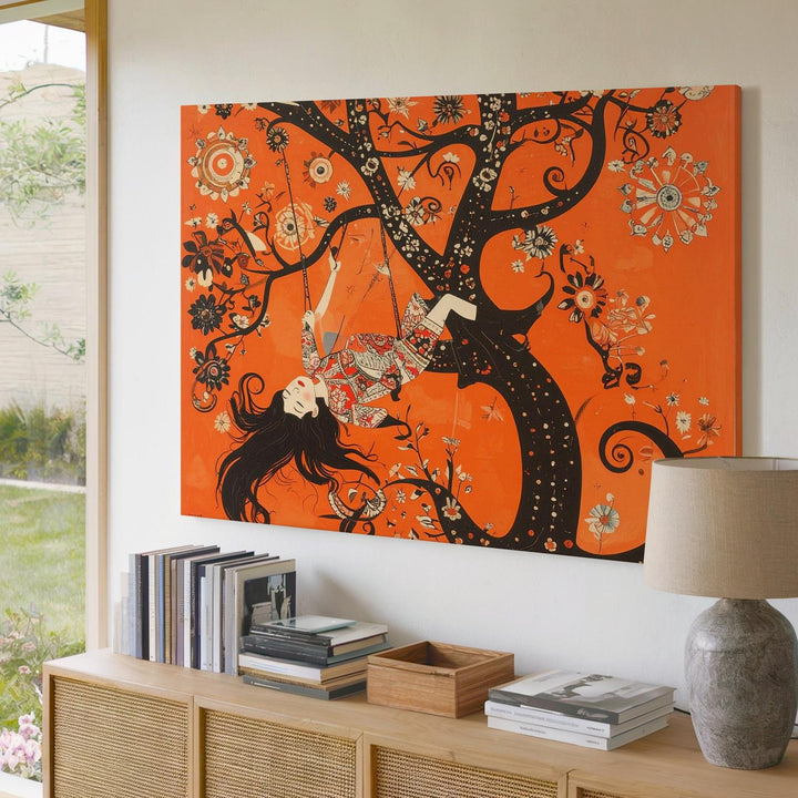 Whimsical Swing Girl Canvas – Folk Art Style Joyful Tree Illustration - Gifitto