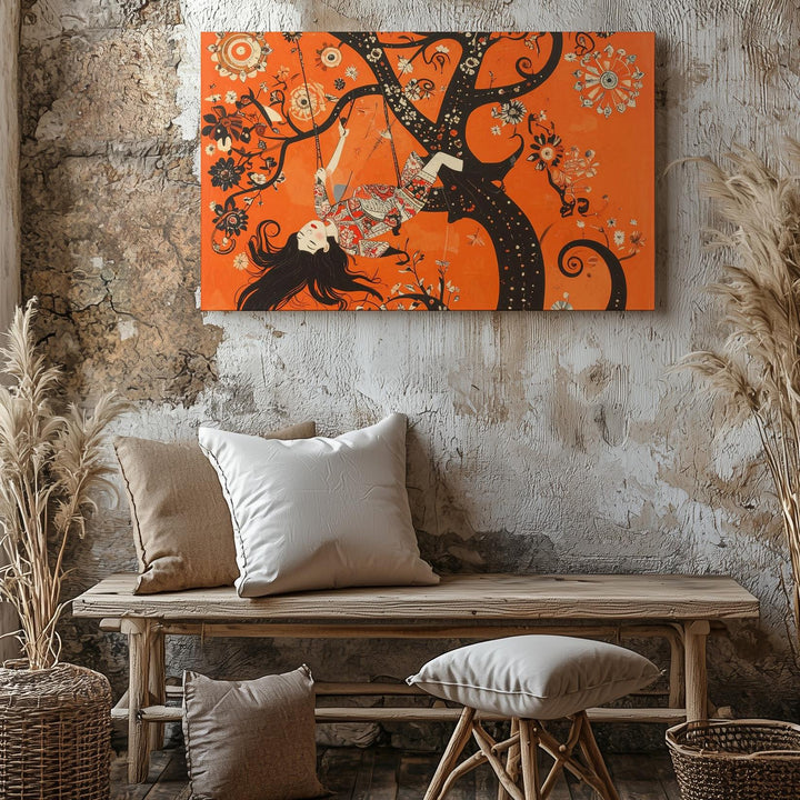 Whimsical Swing Girl Canvas – Folk Art Style Joyful Tree Illustration - Gifitto