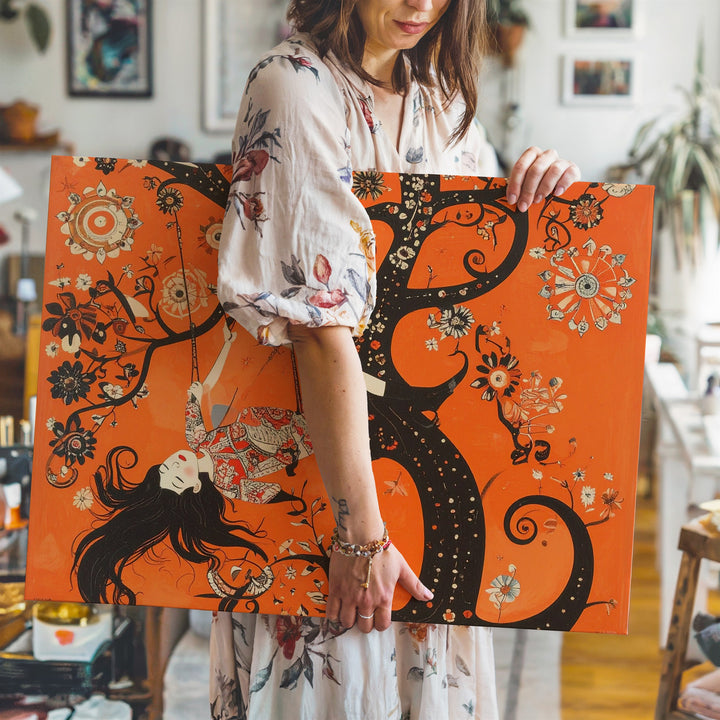 Whimsical Swing Girl Canvas – Folk Art Style Joyful Tree Illustration - Gifitto