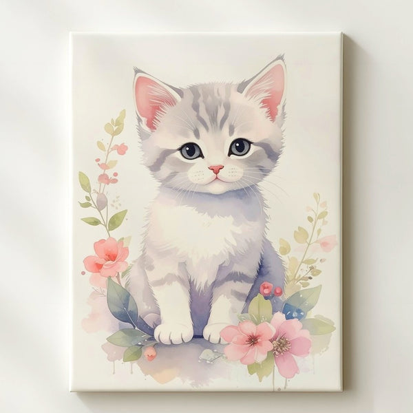 Watercolor Kitten & Floral Wreath Canvas – Soft Pastel Feline Art - Gifitto