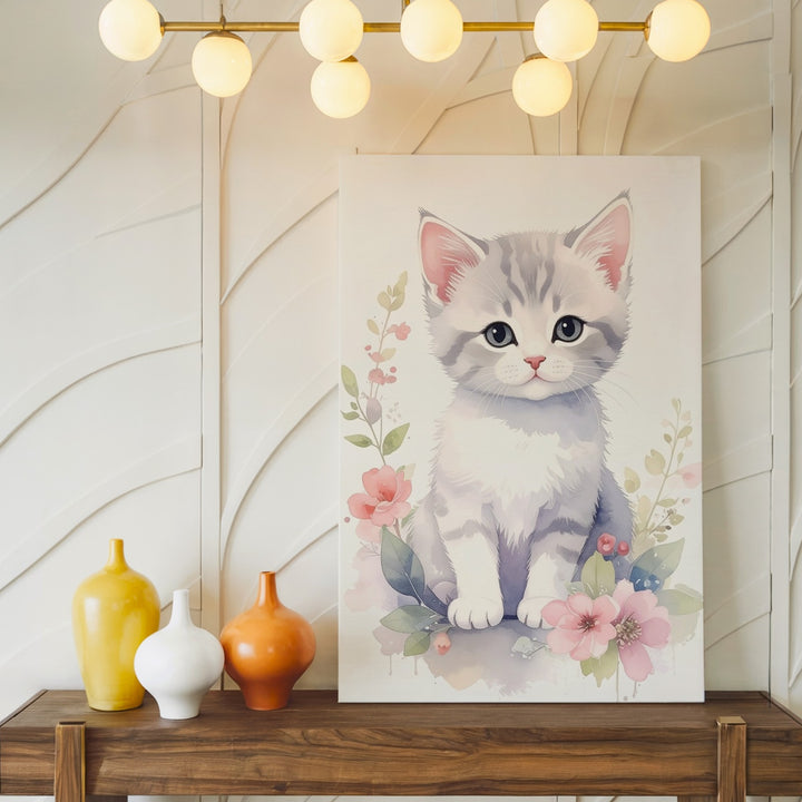 Watercolor Kitten & Floral Wreath Canvas – Soft Pastel Feline Art - Gifitto