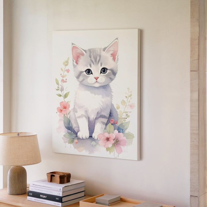 Watercolor Kitten & Floral Wreath Canvas – Soft Pastel Feline Art - Gifitto