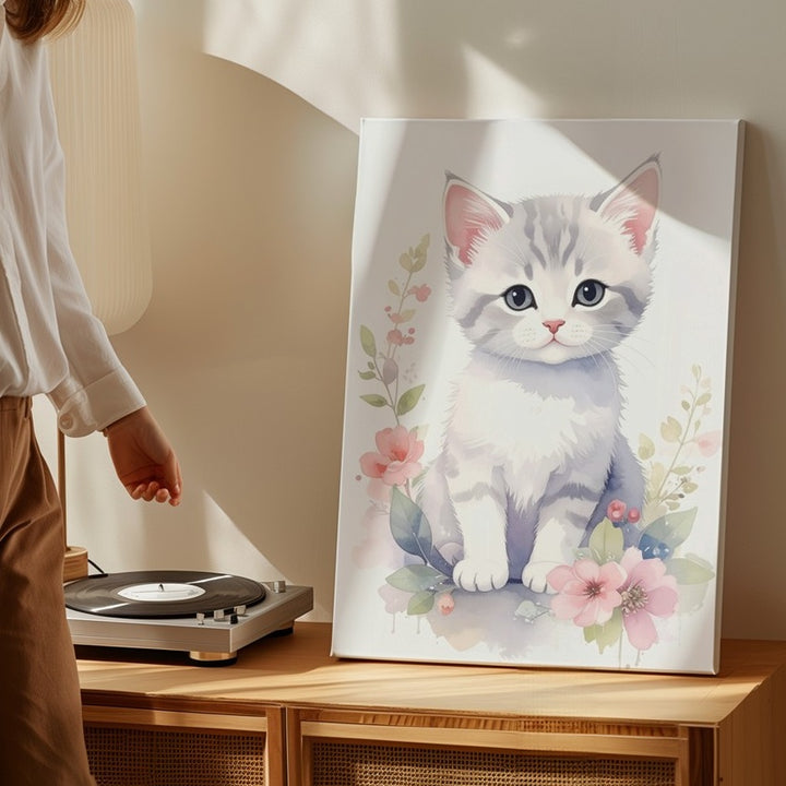 Watercolor Kitten & Floral Wreath Canvas – Soft Pastel Feline Art - Gifitto