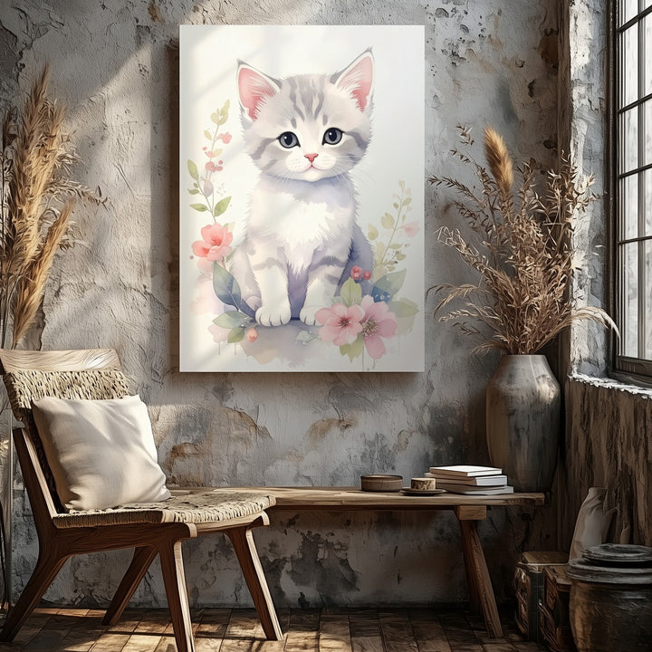 Watercolor Kitten & Floral Wreath Canvas – Soft Pastel Feline Art - Gifitto