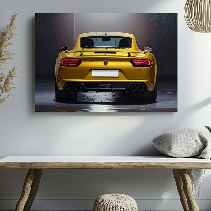 Metallic Yellow Porsche Rear Canvas – High-Contrast Sports Car Art - Gifitto