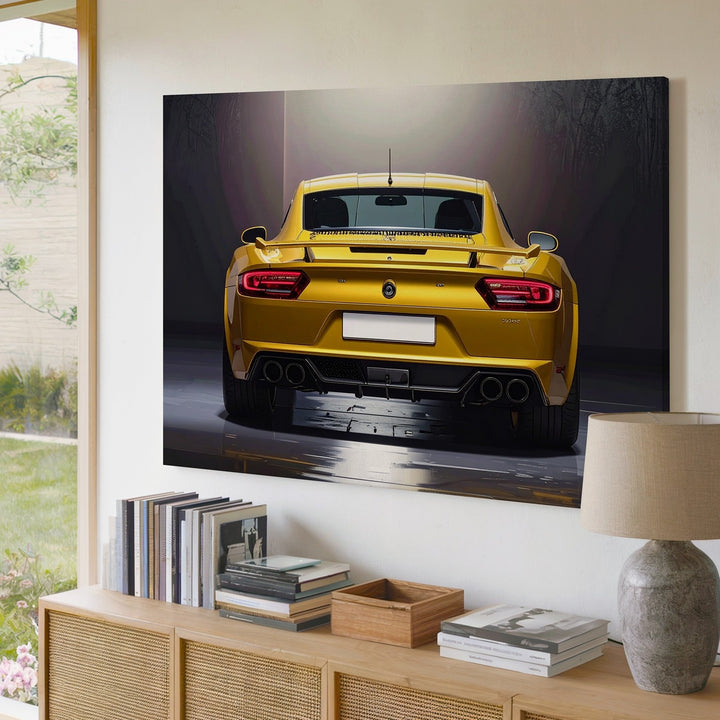 Metallic Yellow Porsche Rear Canvas – High-Contrast Sports Car Art - Gifitto