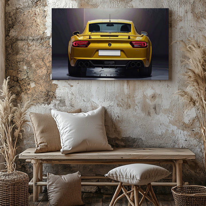 Metallic Yellow Porsche Rear Canvas – High-Contrast Sports Car Art - Gifitto