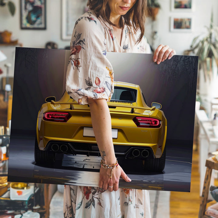 Metallic Yellow Porsche Rear Canvas – High-Contrast Sports Car Art - Gifitto