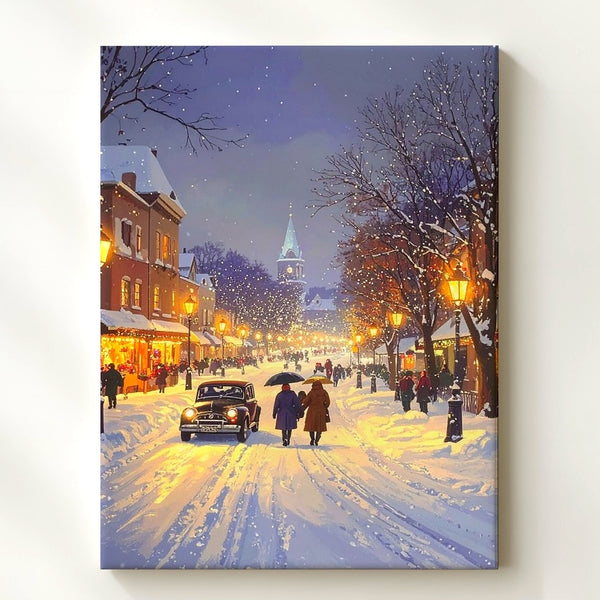 Winter Romance Canvas – Impressionistic Snowy Street Scene with Vintage Car