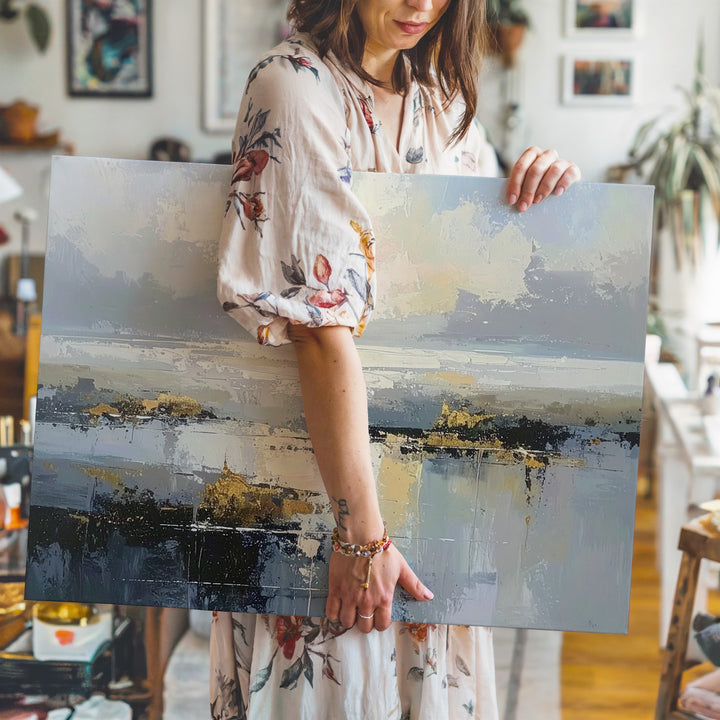 Misty Horizon Canvas – Serene Abstract Landscape in Soft Blues and Grays - Gifitto