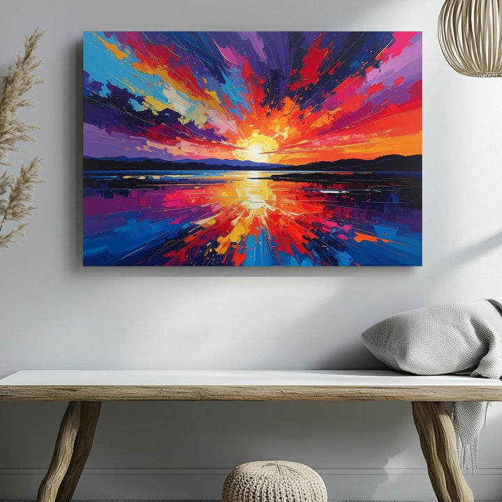Fiery Sunset Reflection Canvas – Abstract Impressionist Landscape Wall Art - Gifitto