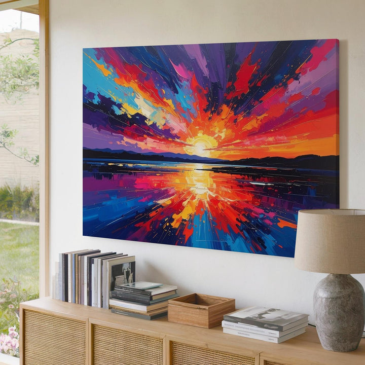 Fiery Sunset Reflection Canvas – Abstract Impressionist Landscape Wall Art - Gifitto