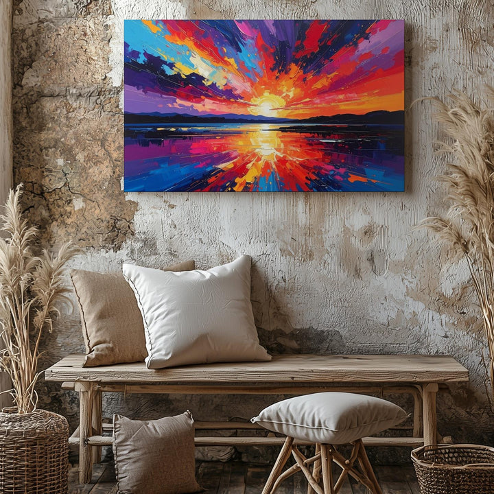 Fiery Sunset Reflection Canvas – Abstract Impressionist Landscape Wall Art - Gifitto