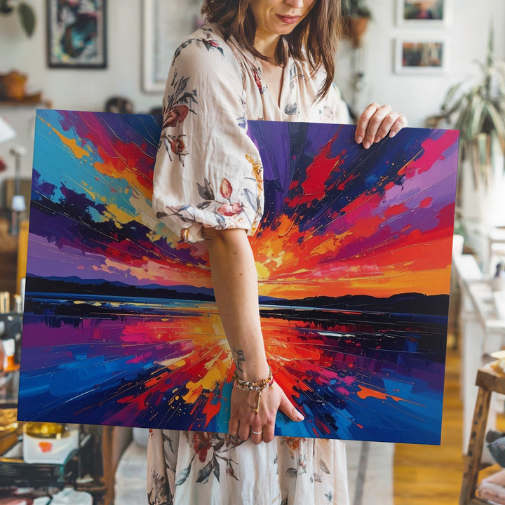 Fiery Sunset Reflection Canvas – Abstract Impressionist Landscape Wall Art - Gifitto