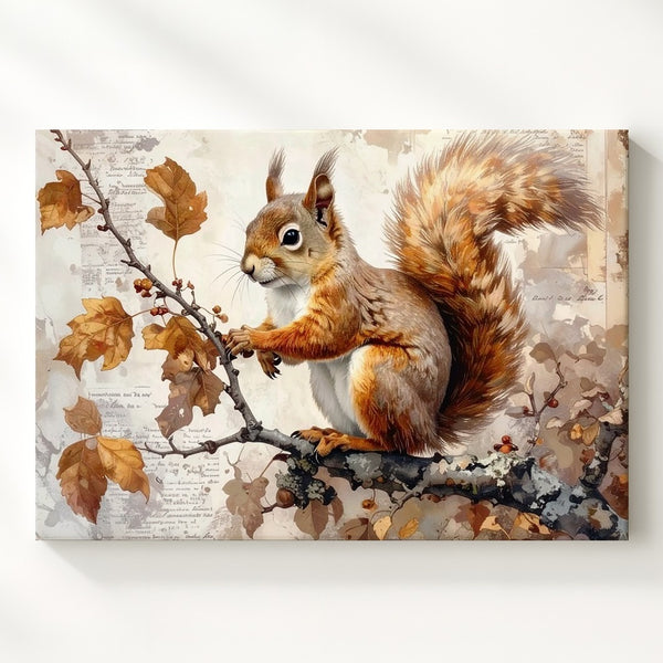 Autumn Squirrel on Branch Canvas – Watercolor Woodland Wildlife Art - Gifitto