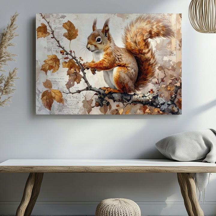 Autumn Squirrel on Branch Canvas – Watercolor Woodland Wildlife Art - Gifitto
