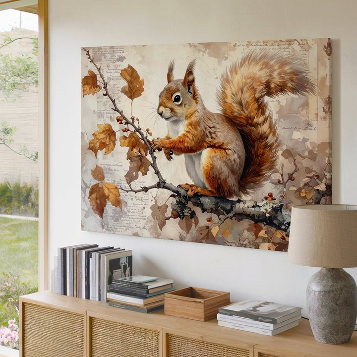 Autumn Squirrel on Branch Canvas – Watercolor Woodland Wildlife Art - Gifitto