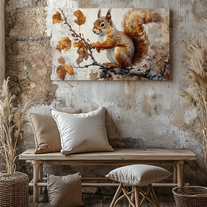 Autumn Squirrel on Branch Canvas – Watercolor Woodland Wildlife Art - Gifitto