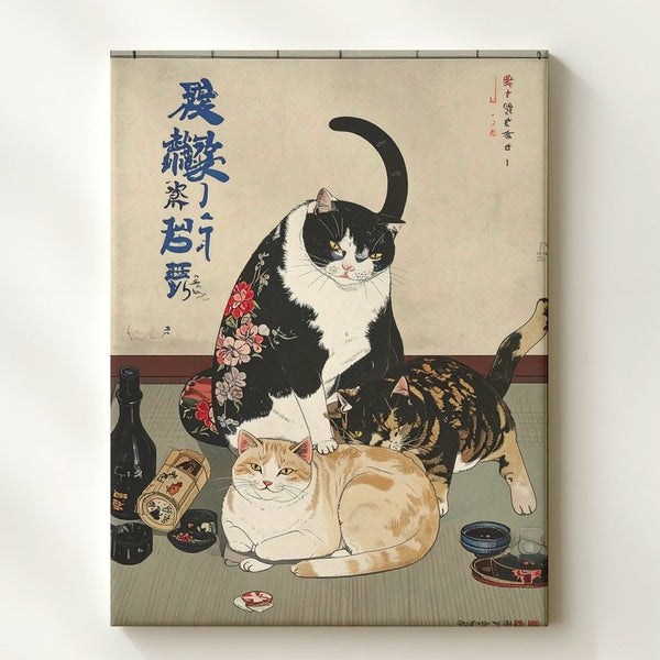 Ukiyo-e Style Cat Mischief Canvas – Humorous Japanese Feline Art - Gifitto