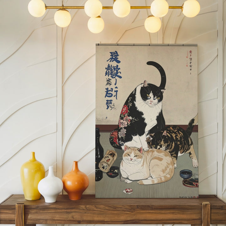 Ukiyo-e Style Cat Mischief Canvas – Humorous Japanese Feline Art - Gifitto