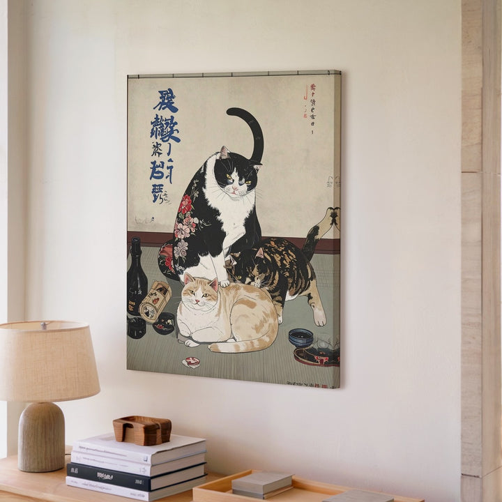 Ukiyo-e Style Cat Mischief Canvas – Humorous Japanese Feline Art - Gifitto