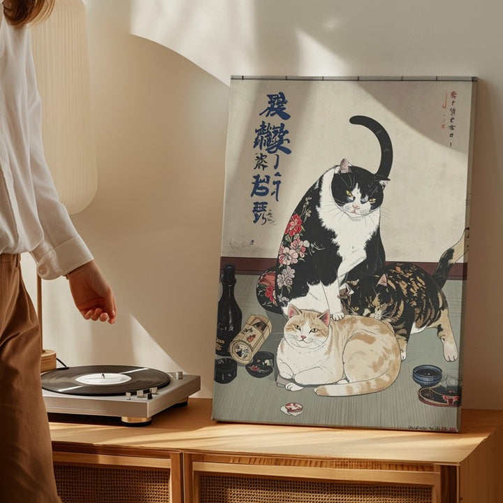 Ukiyo-e Style Cat Mischief Canvas – Humorous Japanese Feline Art - Gifitto