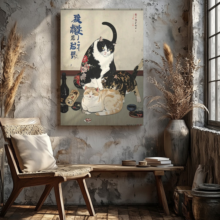 Ukiyo-e Style Cat Mischief Canvas – Humorous Japanese Feline Art - Gifitto