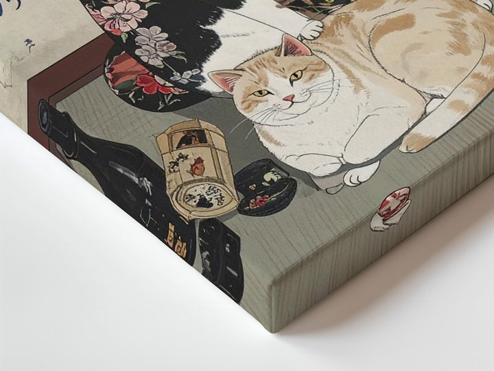 Ukiyo-e Style Cat Mischief Canvas – Humorous Japanese Feline Art - Gifitto