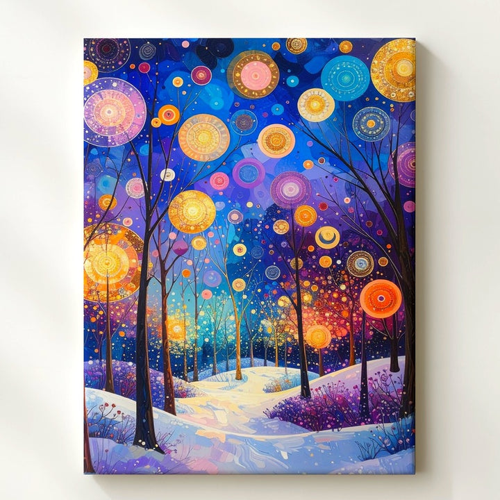Enchanted Winter Forest Canvas – Magical Snowy Landscape with Glowing Orbs - Gifitto