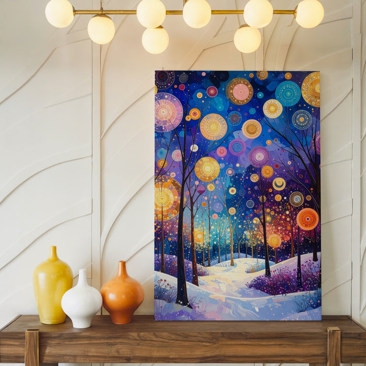 Enchanted Winter Forest Canvas – Magical Snowy Landscape with Glowing Orbs - Gifitto