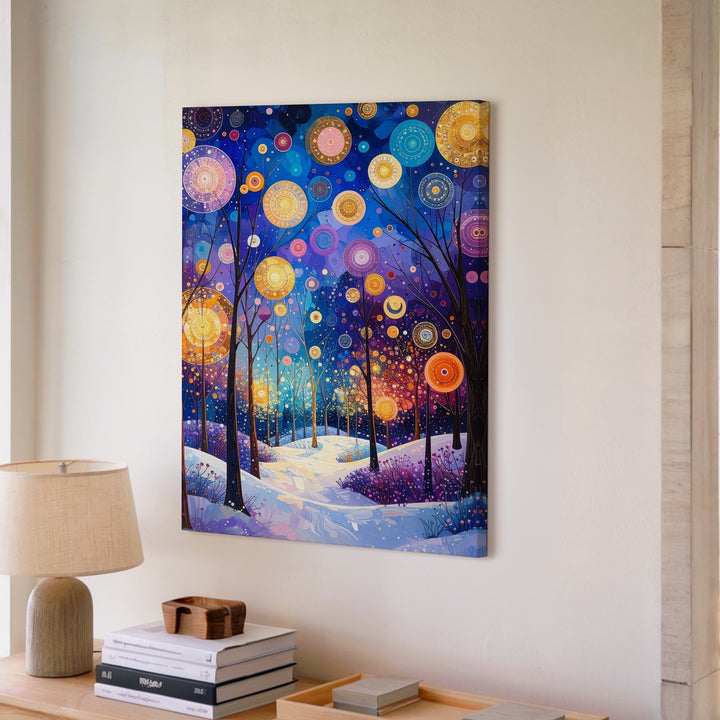 Enchanted Winter Forest Canvas – Magical Snowy Landscape with Glowing Orbs - Gifitto