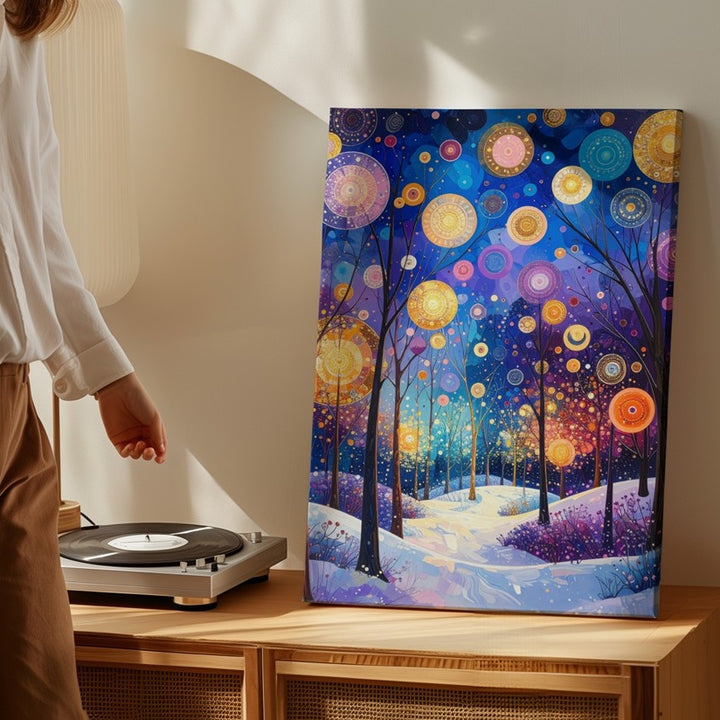 Enchanted Winter Forest Canvas – Magical Snowy Landscape with Glowing Orbs - Gifitto