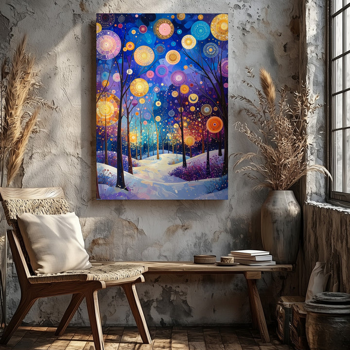 Enchanted Winter Forest Canvas – Magical Snowy Landscape with Glowing Orbs - Gifitto