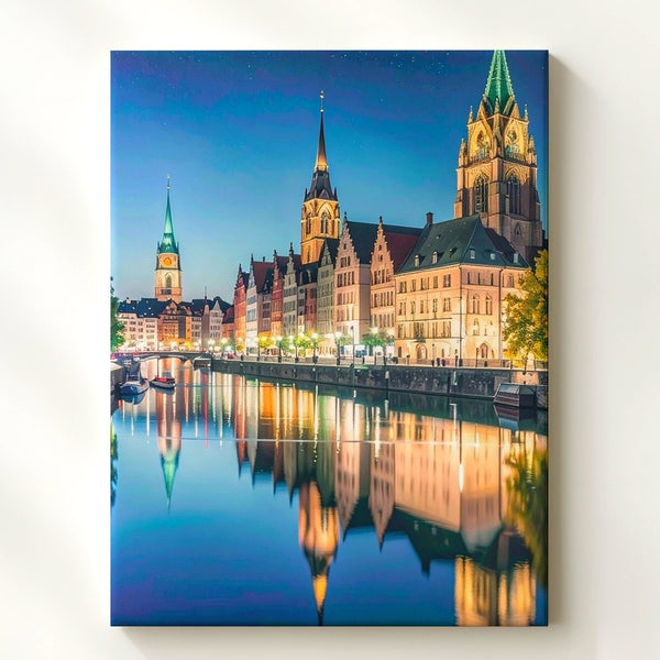 Gothic Cityscape Canvas – Nighttime Reflections of Grand Architecture